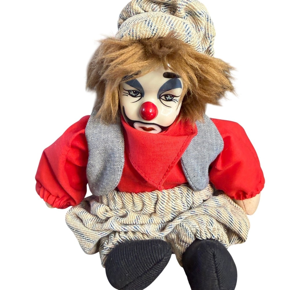 Vintage Porcelain Face Sad Clown Doll 8 Inch Red Grey Striped Outfit Soft Body